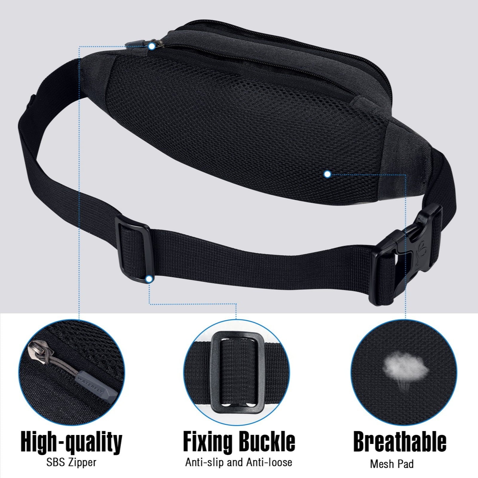 WATERFLY Unisex Lightweight Running Hiking Jogging Nylon Fanny Pack Waist Bag-Dark Blue