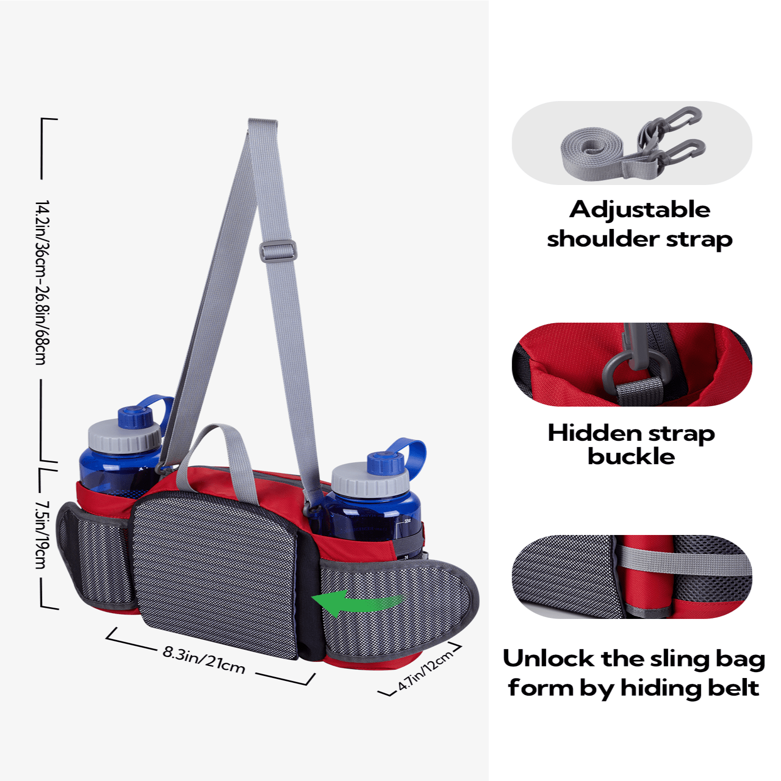 WATERFLY Unisex Large Capacity Hiking with Bottle Holder Nylon Fanny Pack Waist Bag,Gray