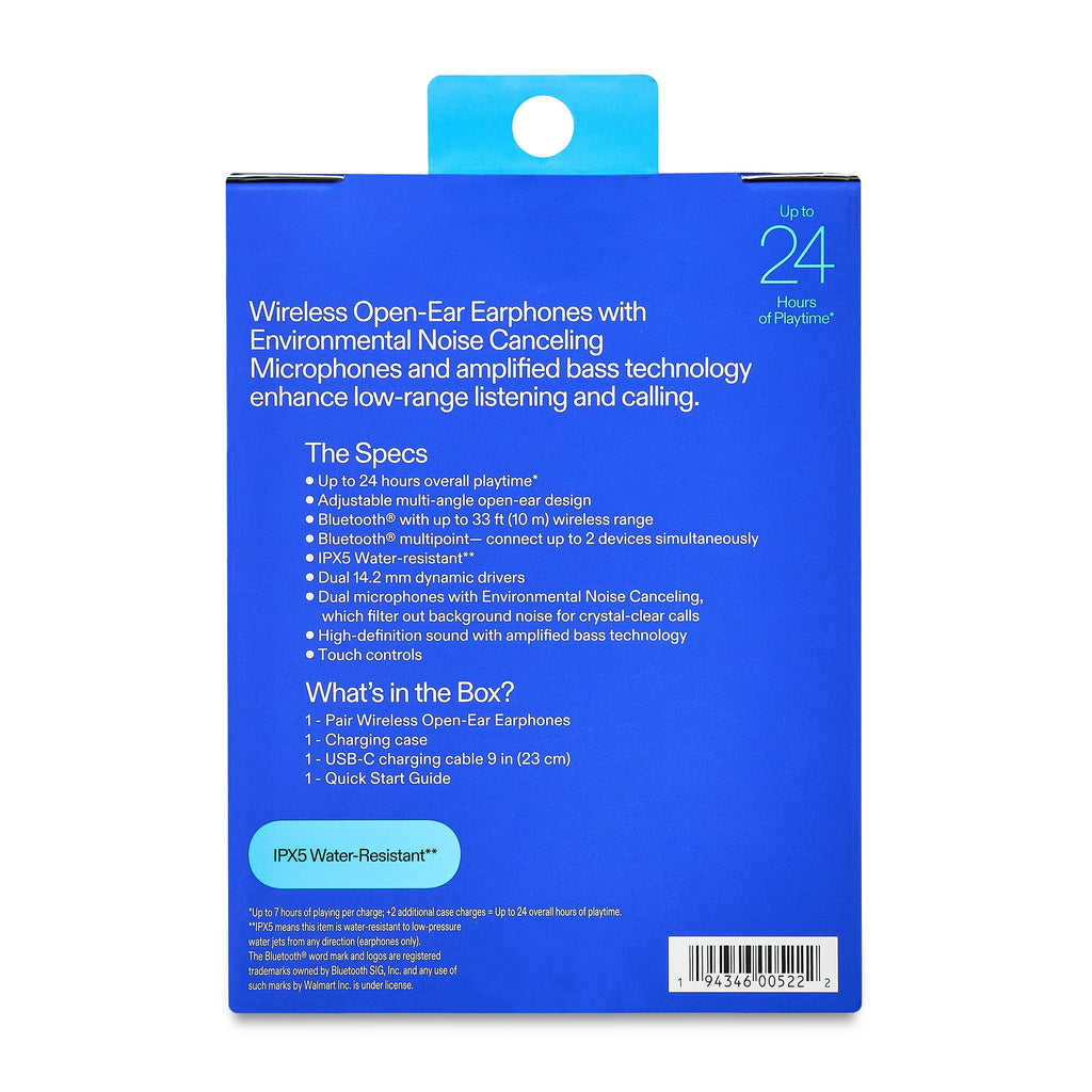 onn Open-Ear Wireless Earphones with Noise Canceling Microphones, Blue