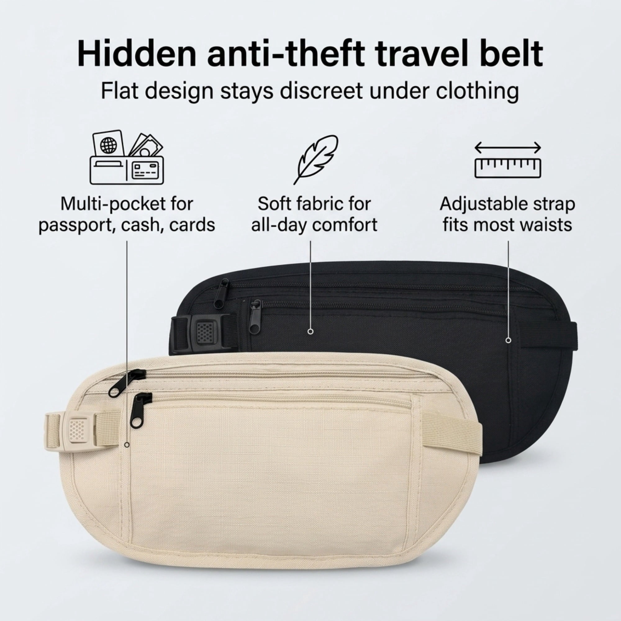 Nylon RFID Blocking Money Belt, Hidden Anti-theft Waist Fanny Pack with Adjustable Buckle, Under Clothes Travel Running Hiking Pouch for Men Women (Khaki)
