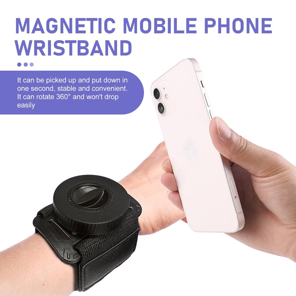 Magnetic Wristband Phone Holder for Running, Adjustable Sports Armband Cell Phone Holder, Hands-Free Phone Accessories Holder, for Biking Walking Selfies Videos Hiking Live Broadcast (Black)