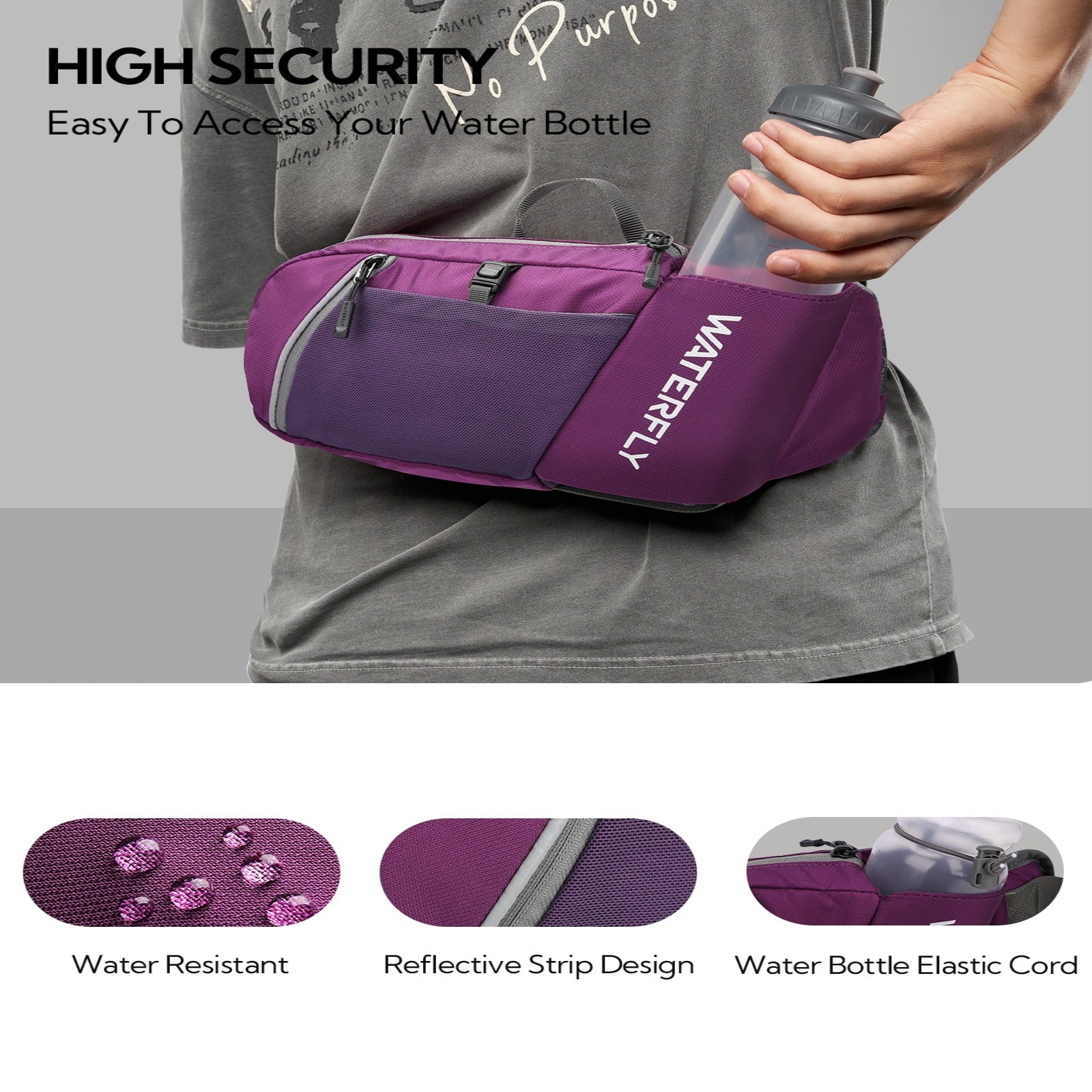 WATERFLY Unisex with Bottle Holder Running Walking Hiking Nylon Fanny Pack Waist Bag,,Blue