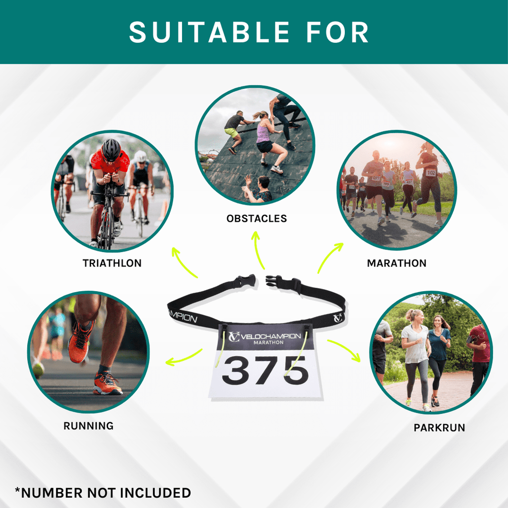 Velochampion Adjustable Elastic Running Number Waist Belt. Stretch Fit Black with Buckle Fastening