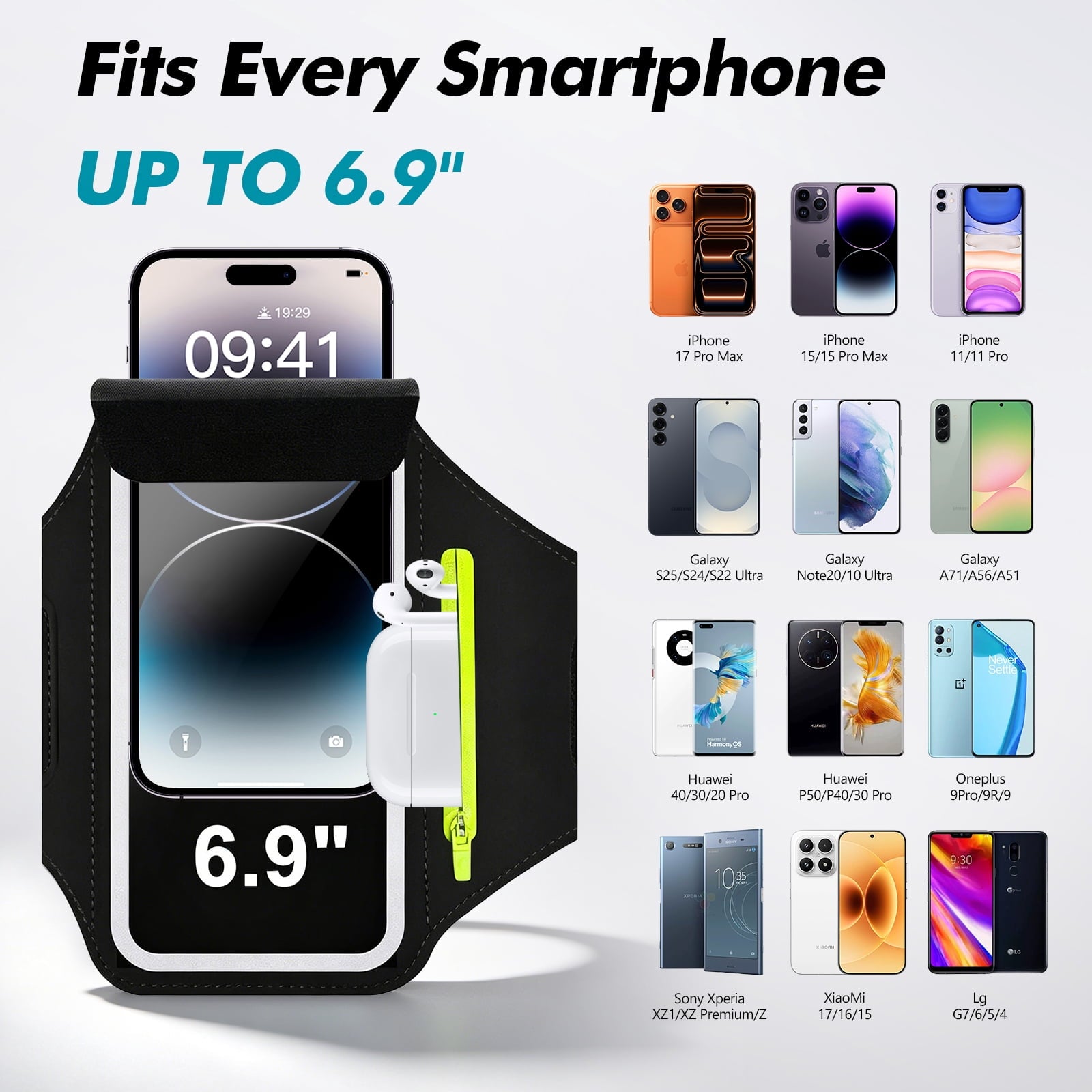 Atzeste Cell Phone Running Armband with Earphone Bag, Sweatproof Arm Band Phone Holder, Fits 6.9" Phones Compatible with iPhone 17 16 15 14 13 12 Pro Max/Plus/XR/XS, Galaxy S25-S22