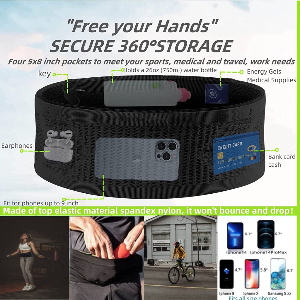 Scheam Slim Running Belt | Travel Money Belt | Waist Bag | Running Waist Pack | Slim Fanny Pack for Running | Hidden Pockets for Travel (Black, m)