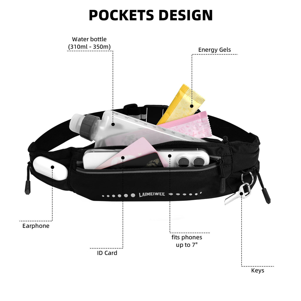 LAIMEIWEE Lightweight Running Belt，Water-Resistant Waist Pack for Women Men, 4-Zone Organization, Reflective strips Design for Marathon Training, Jogging, Hiking, Commuting（Black）