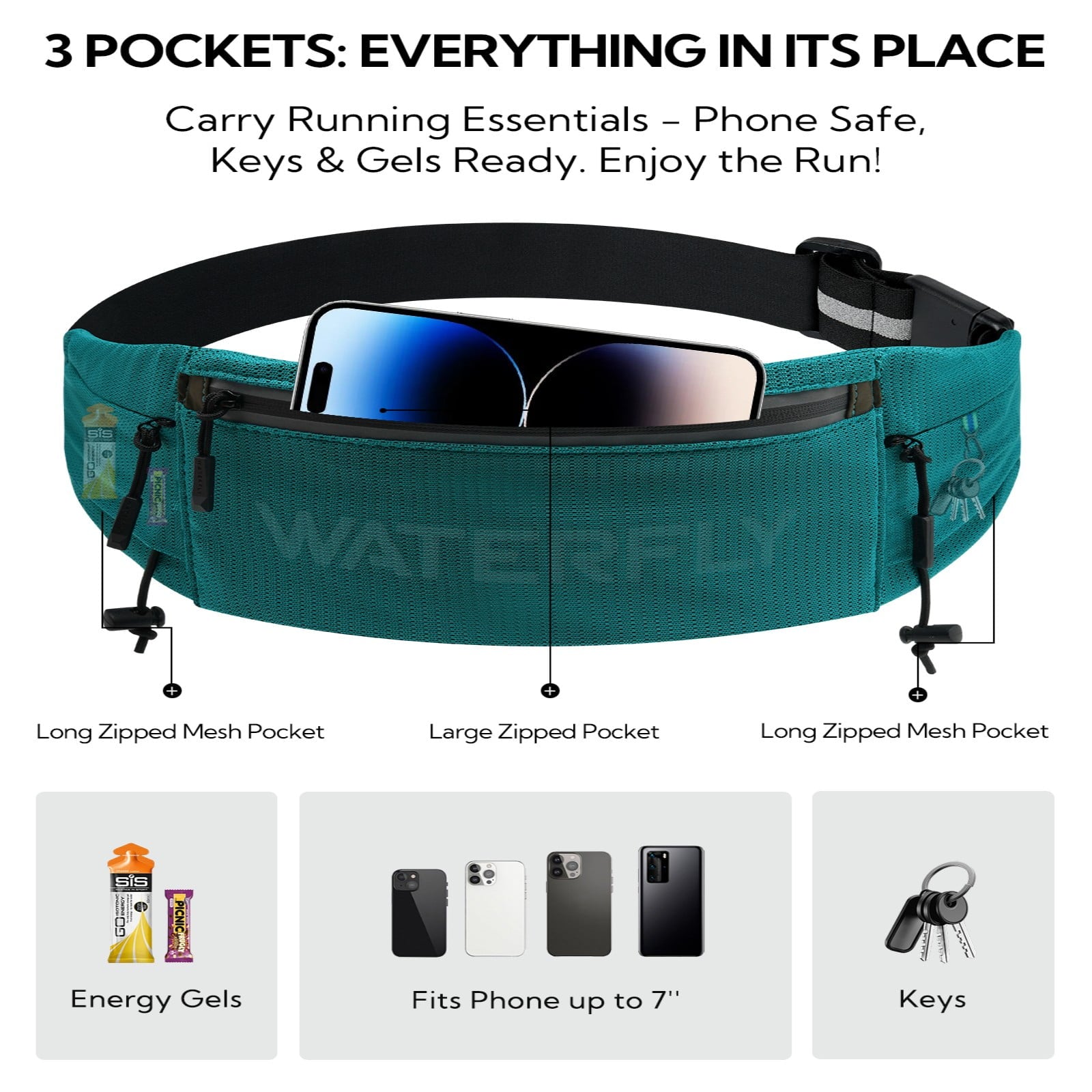 WATERFLY Unisex Adjustable Sports Jogging Fitness Nylon Running Waist Belt Band,Black