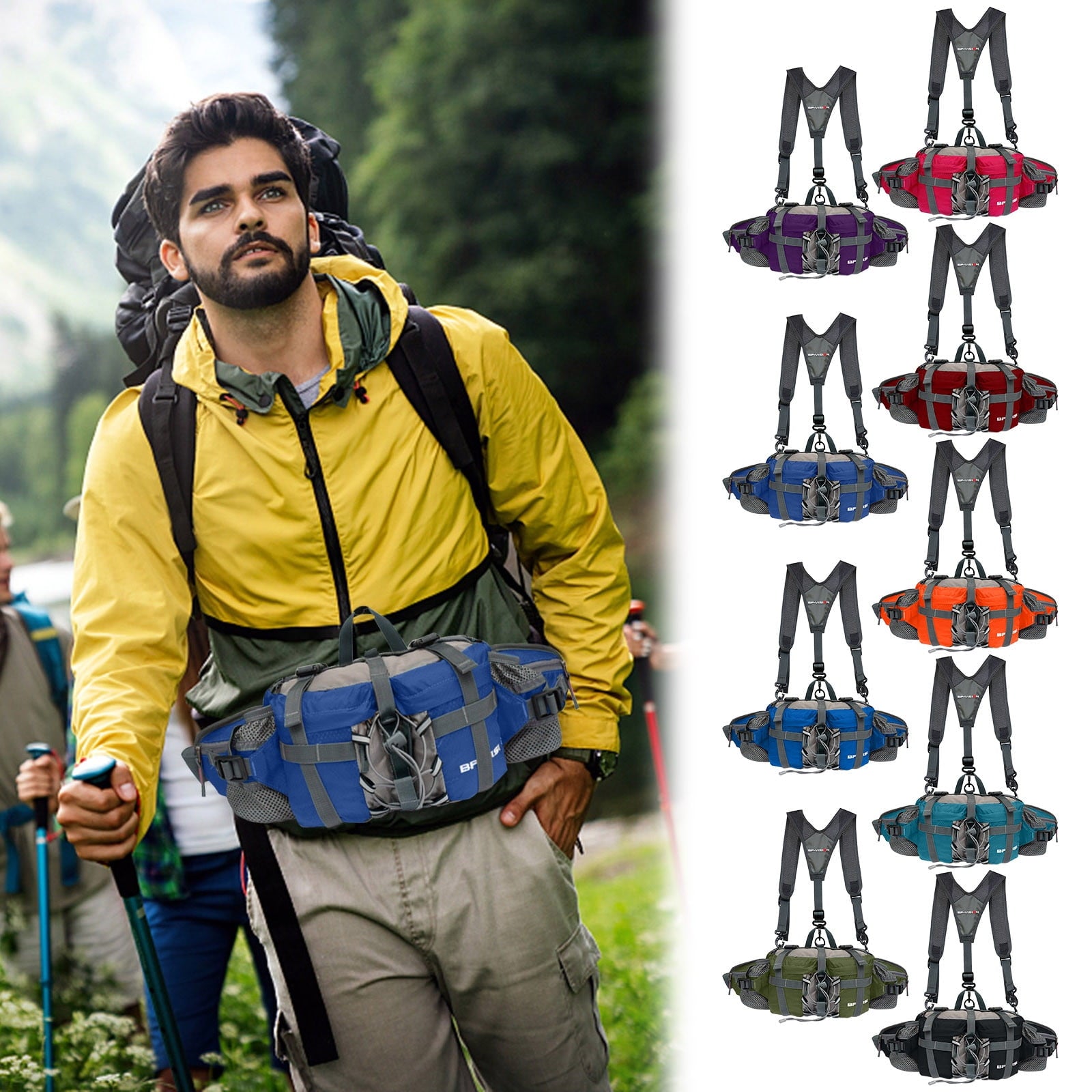 PATLOLLAV Hiking Fanny Pack with Water Bottle Holder,Double Shoulder Straps, Hiking Essentials for Men Women Waterproof Outdoor Waist Bag, Lumbar Backpack for Fishing Hunting Running Sports