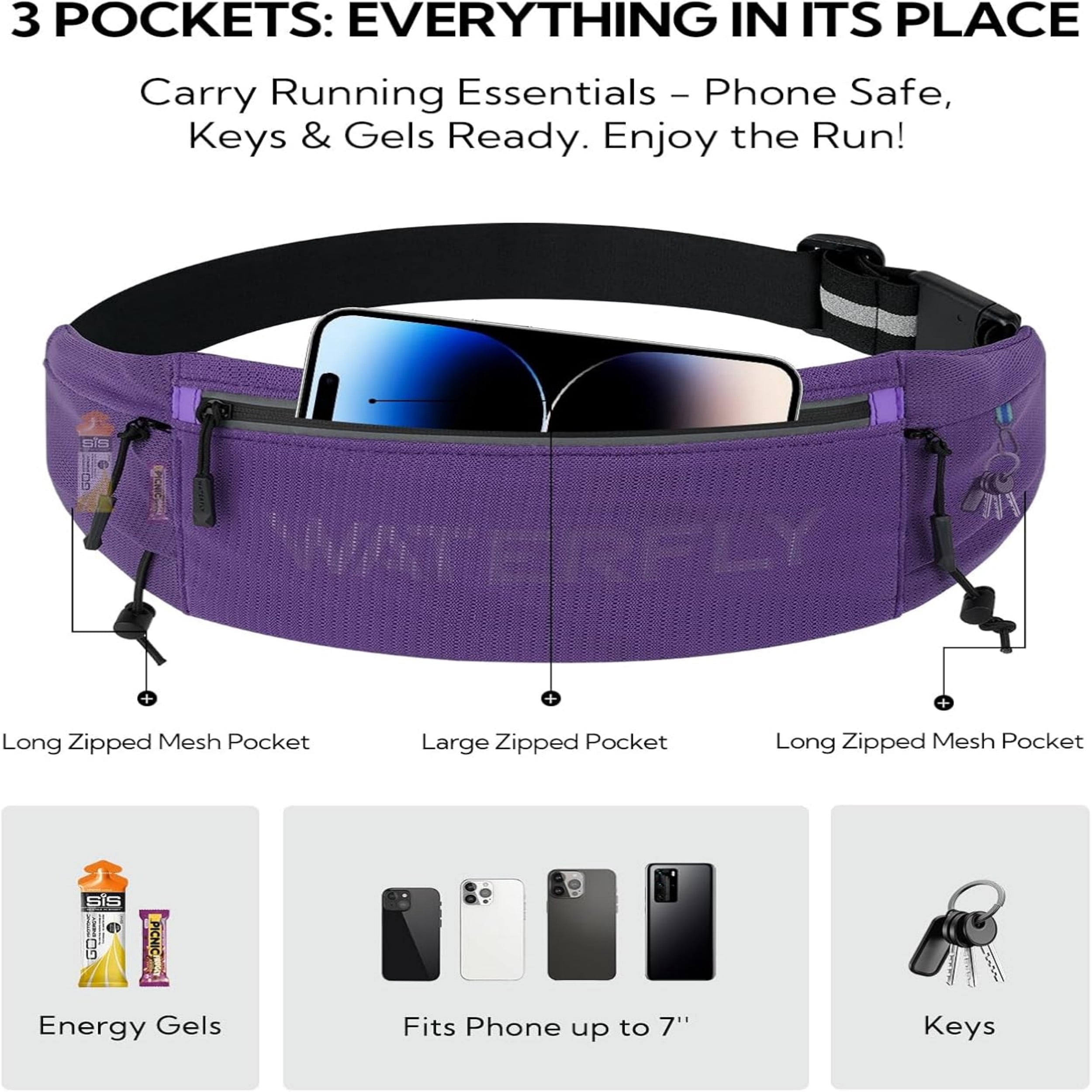 WATERFLY Unisex Adjustable Sports Jogging Fitness Nylon Running Waist Belt Band,Black