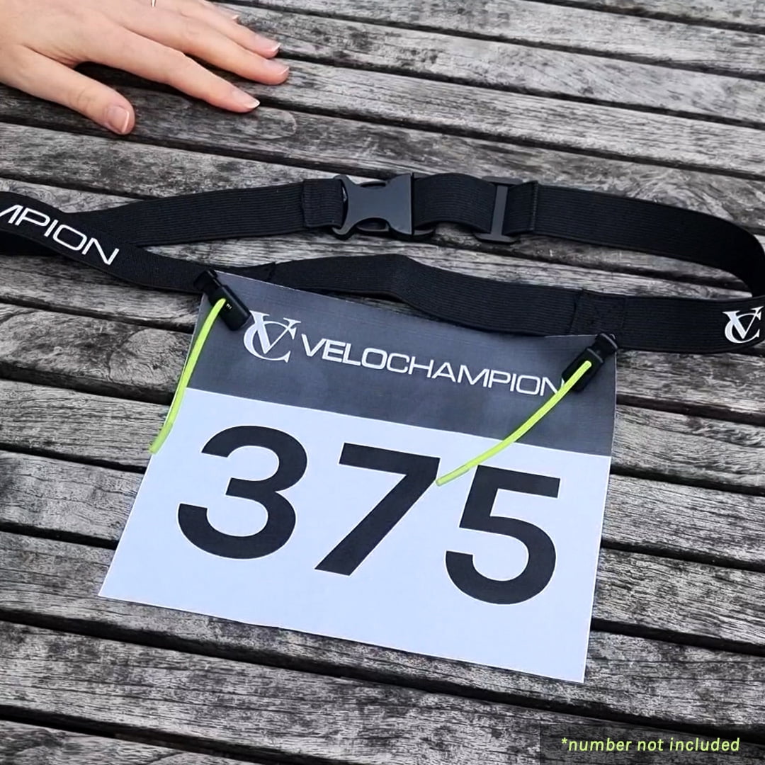 Velochampion Adjustable Elastic Running Number Waist Belt. Stretch Fit Black with Buckle Fastening