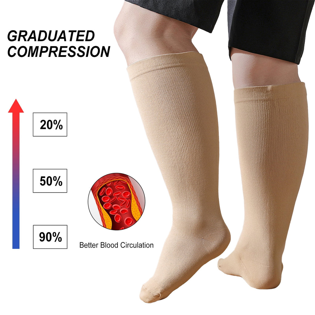 2 Pairs Wide Calf Compression Socks for Women Men AMITOFO Circulation 20-30mmHg Plus Size Knee High Support Stockings| Circulation | Nurses | Running | Travel,Beige Black 4XL