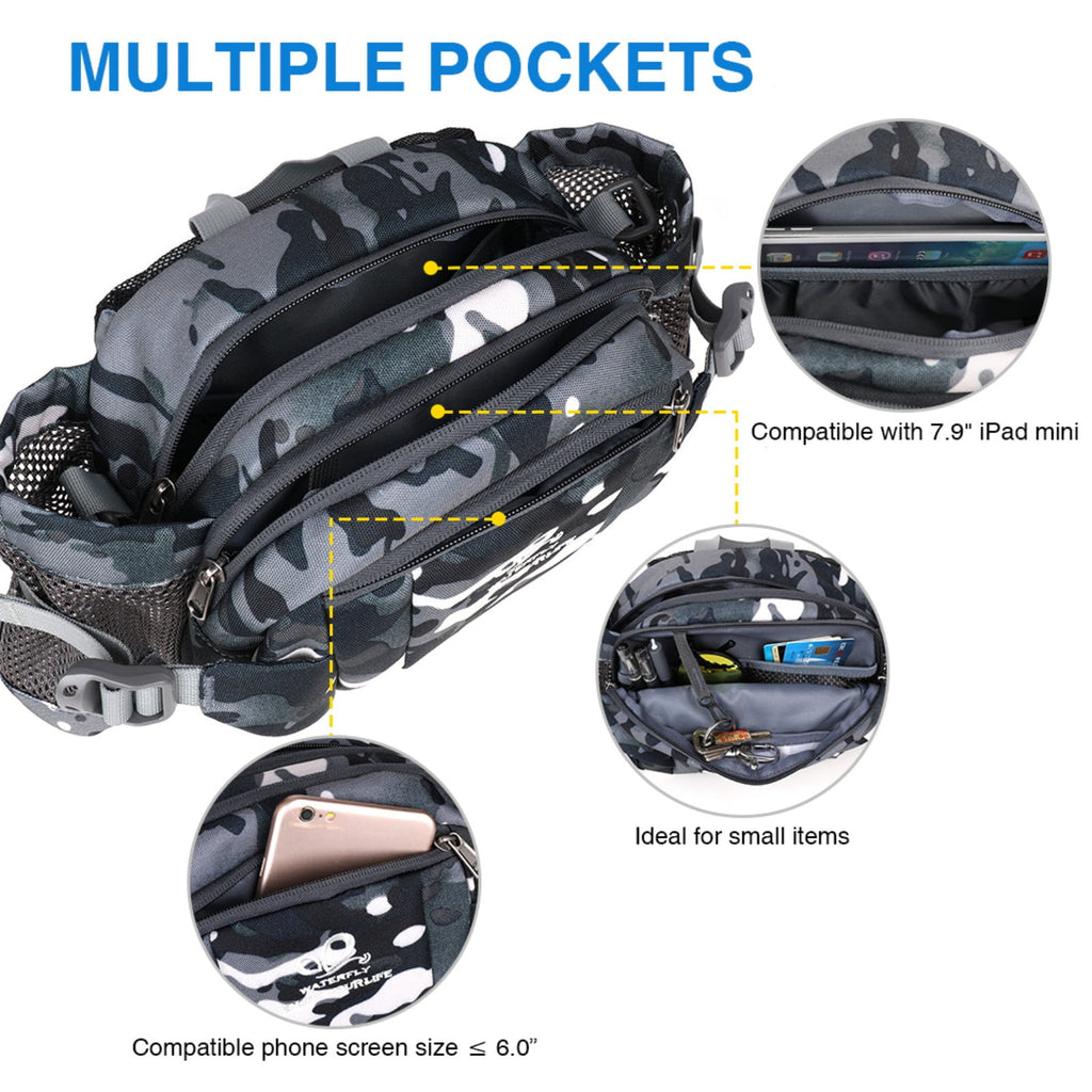 WATERFLY Unisex Large Capacity Hiking with Bottle Holder Nylon Fanny Pack Waist Bag,Gray