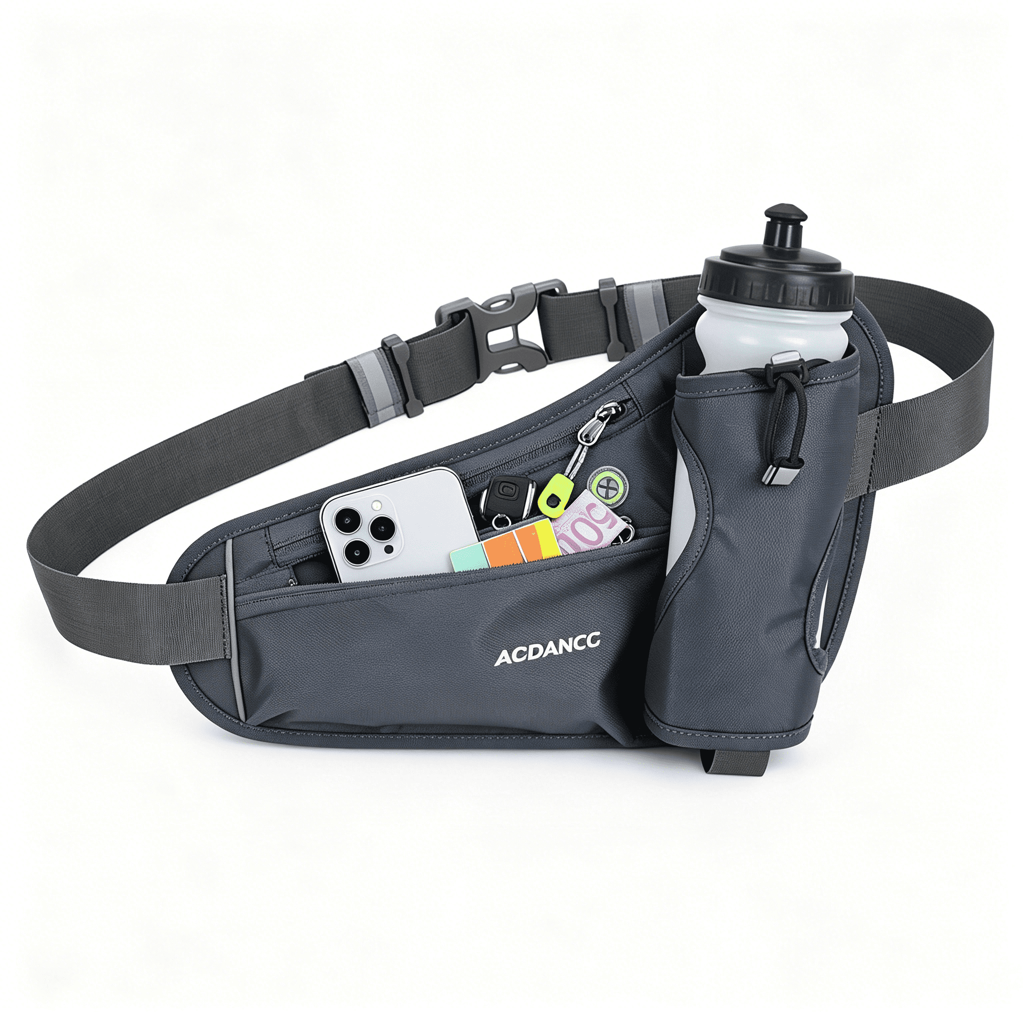 DESIGNICE 2026 New Running Belt Adjustable Fit Running Accessories Reflective Safety Tumbler Holder Dark Gray for Jogging Walking Cycling Fitness Outdoor Activities Night Runs Commuting