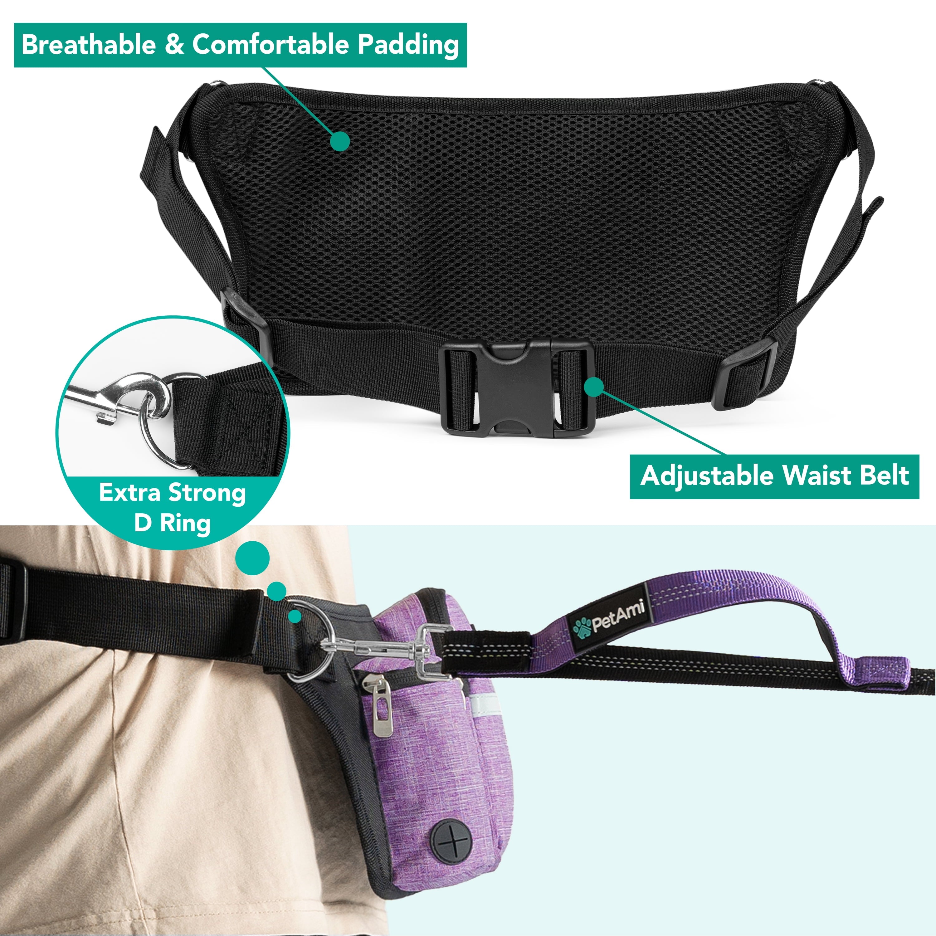 PetAmi Premium Hands Free Dog Leash for 2 Dogs, Adjustable Waist Belt Leash for Dog Walking, Fanny Pack Accessories Bag Dual Bungee Leash for Running, Hiking, Jogging, Biking, Charcoal Grey