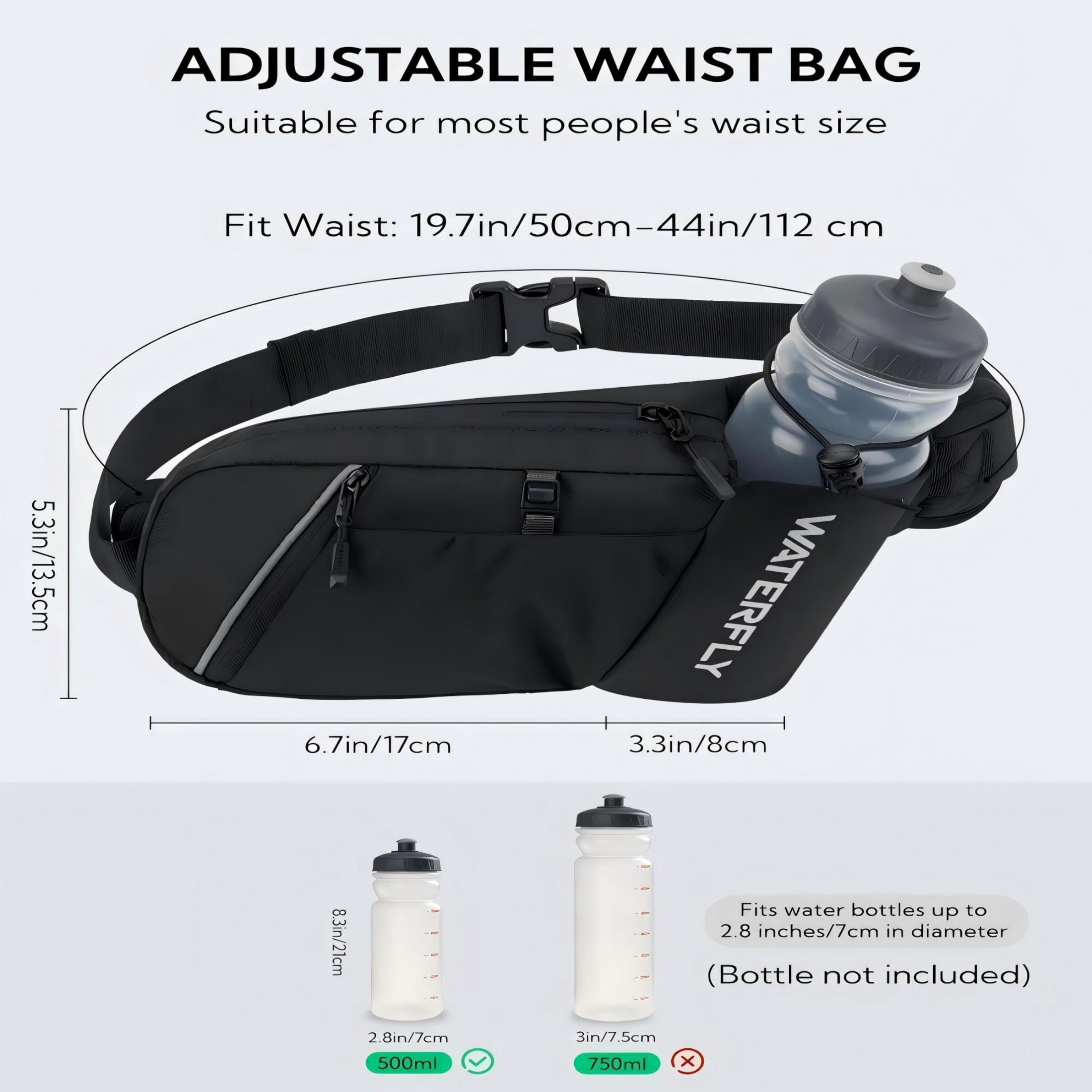 WATERFLY Unisex with Bottle Holder Running Walking Hiking Nylon Fanny Pack Waist Bag,,Blue