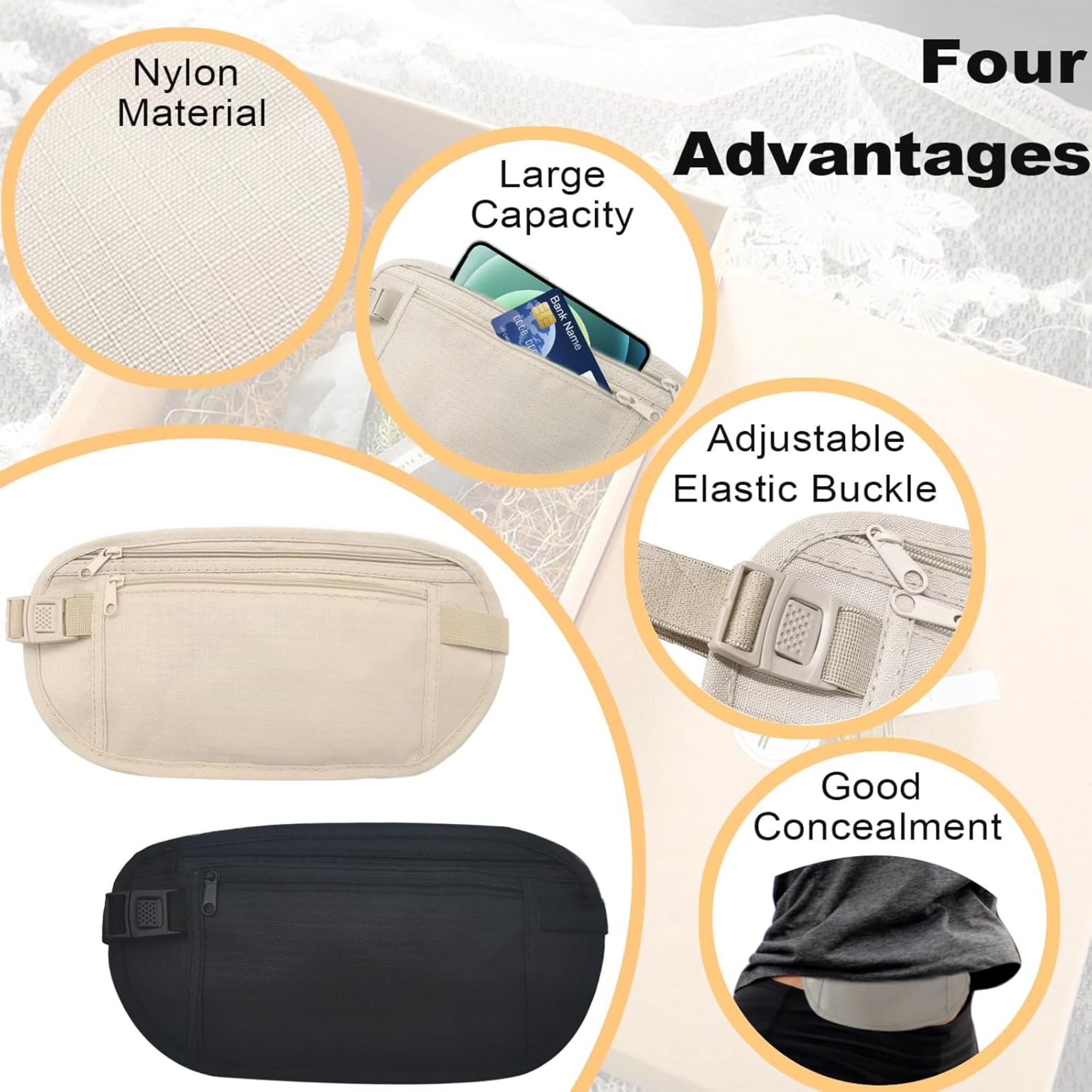 Nylon RFID Blocking Money Belt, Hidden Anti-theft Waist Fanny Pack with Adjustable Buckle, Under Clothes Travel Running Hiking Pouch for Men Women (Khaki)