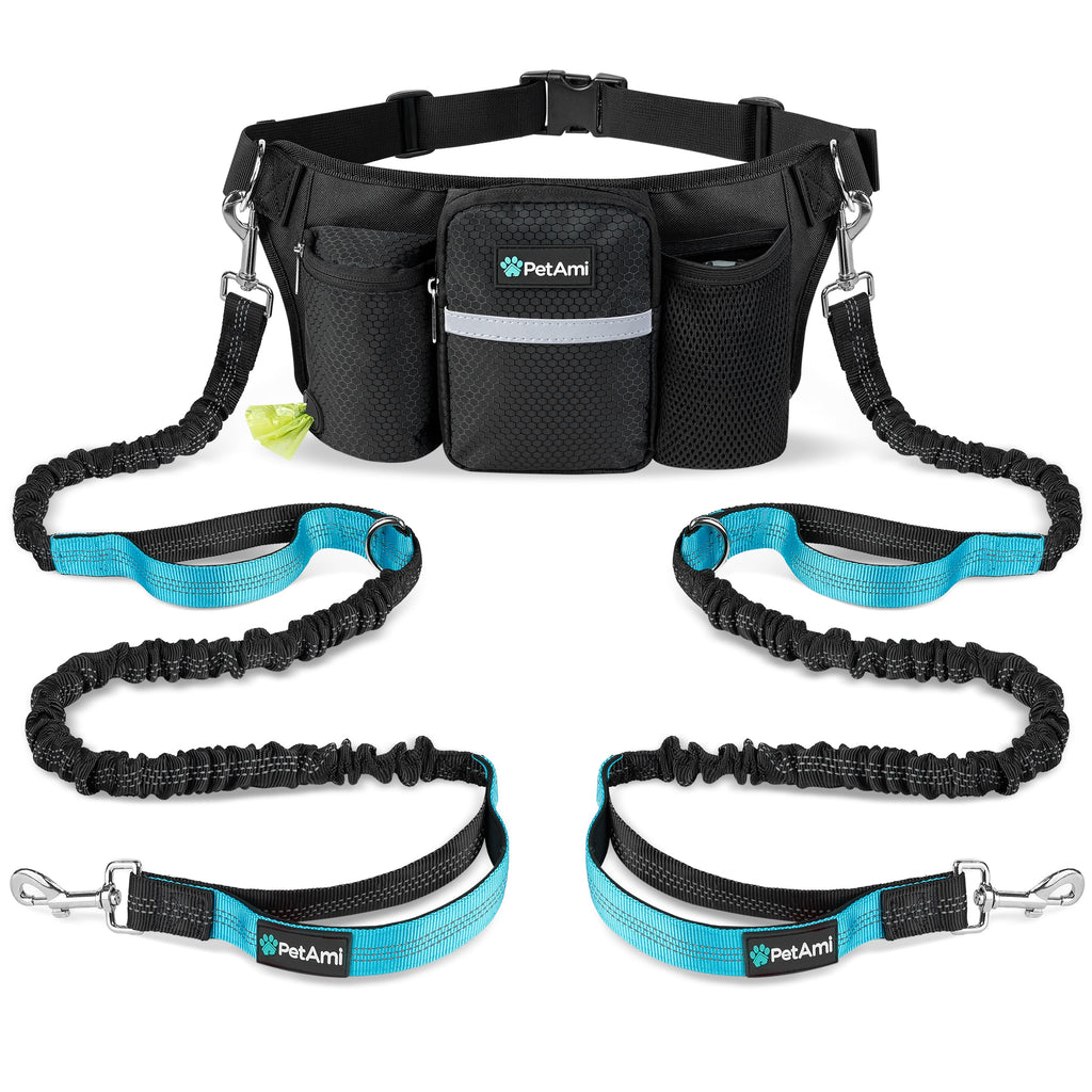PetAmi Premium Hands Free Dog Leash for 2 Dogs, Adjustable Waist Belt Leash for Dog Walking, Fanny Pack Accessories Bag Dual Bungee Leash for Running, Hiking, Jogging, Biking, Charcoal Grey