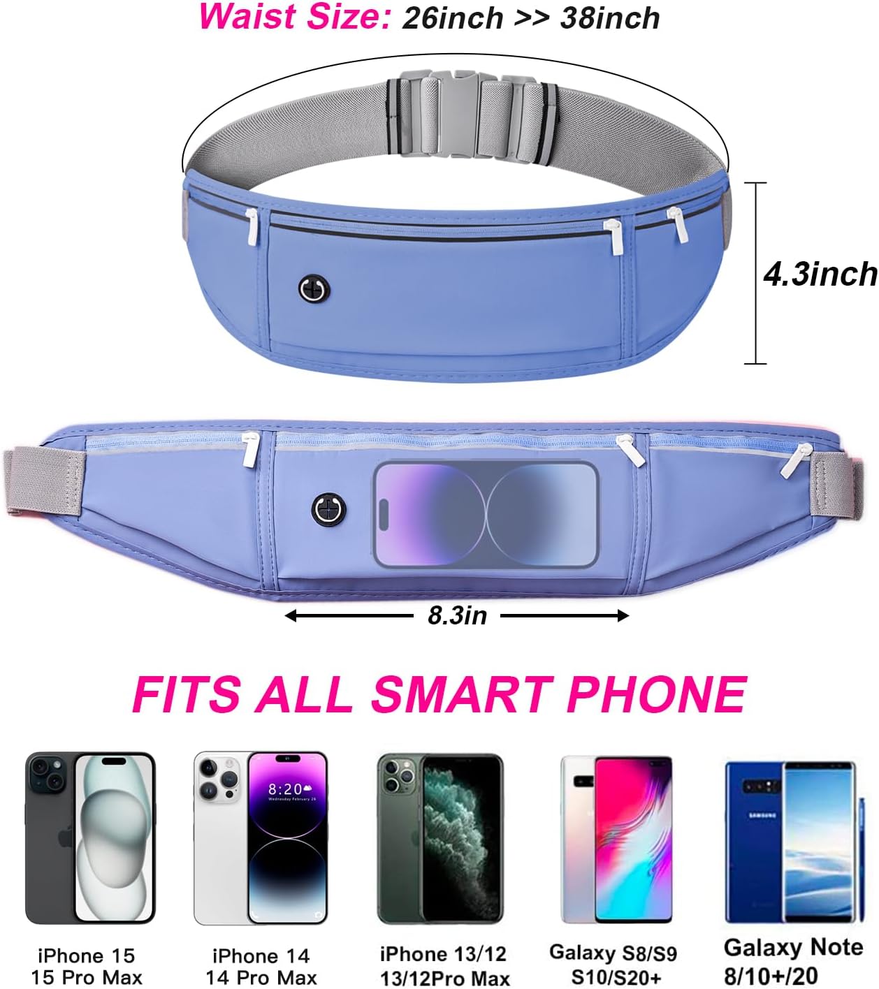 Slim Running Belt for Women Men,Runners Fanny Pack Phone Holder,Money Belt,Running Gear Accessories,with 3 Pockets(Black)