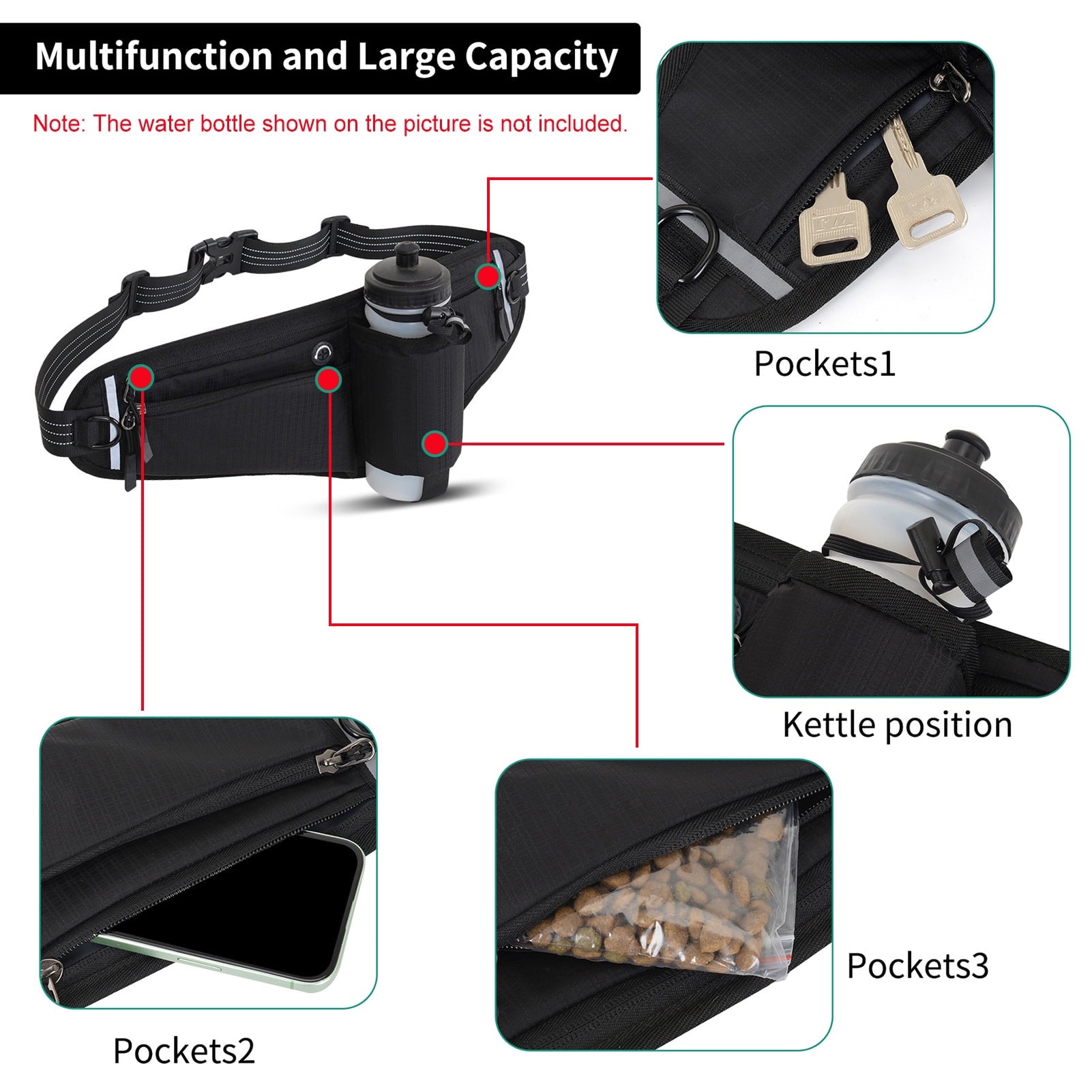 NFTIGB Running Belt Waist Pack Adjustable Hydration Bag with Water Bottle Holder for Runners Men Women, Black (10.63 inches / 27 cm)
